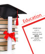 Grad hat with diploma and books isolated on white