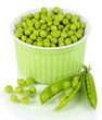Sweet green peas in bowl isolated on white