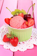 Delicious  ice cream with fruits and berries in bowl