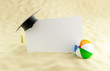 Illustration: school at the beach, graduation cap blank, beach ball school at the beach, graduation cap blank, beach ball