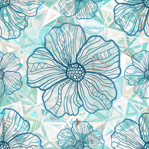 Vector: Ornate blue flowers on abstract triangles Ornate blue flowers on abstract triangles
