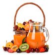 Various fruit in a brown basket and juice