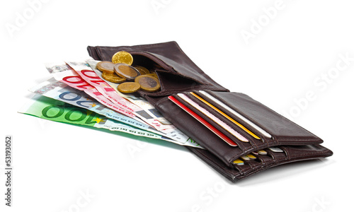 Photo: wallet with euro money, coins and credit cards wallet with euro money, coins and credit cards