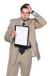 Business man holding head in frustration showing blank paper