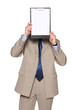 Businessman covering his face with board displaying the message