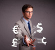 Attractive man throwing currency icons