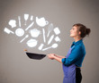 Foto: Young woman with kitchen accessories icons Young woman with kitchen accessories icons