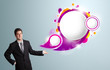 Handsome man presenting abstract speech bubble copy space