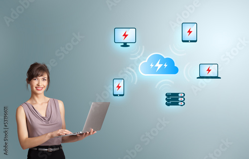 Photo: young woman holding a laptop and presenting cloud computing netw young woman holding a laptop and presenting cloud computing netw