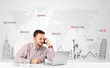 Businessman with world map and major landmarks of the world