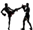 two men exercising thai boxing silhouette