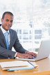 Happy businessman working on his laptop