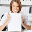 Happy Businesswoman show white blank