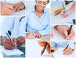 Collage of pictures showing women writing