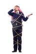Arab man tied up with rope on white