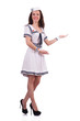 Woman in costume holding hands on white