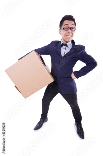 Photo: Funny man with box on white Funny man with box on white