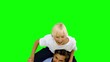 Son jumping on his fathers back on green screen