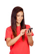 Photo: Attractive brunette girl dressed in red with a mobile Attractive brunette girl dressed in red with a mobile