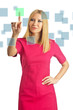 Woman pressing virtual buttons on white