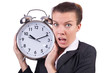 Woman with giant clock on white