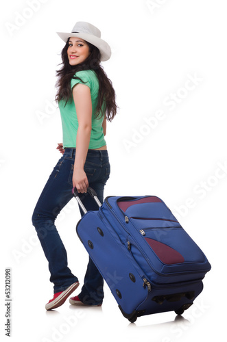 Photo: Young woman with suitcase isolated on white Young woman with suitcase isolated on white