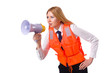 Young woman with vest and loudspeaker on white
