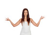 Attractive girl dressed in white practicing yoga