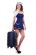 Woman travel attendant with suitcase on white