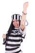 Prisoner in striped uniform on white