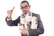 Man with money sacks on white