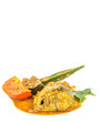 Fish curry over white background