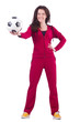Young woman with football on white