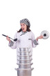 Cook with stack of pots on white