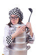 Cook with stack of pots on white