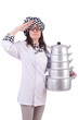Cook with stack of pots on white