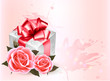 Holiday background with pink roses and gift box.Vector