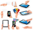 Collection of hands holding different business objects. Vector i