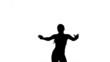 Silhouette of woman jumping and raising arms on white background