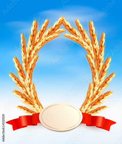 Vector: Ripe yellow wheat ears with red ribbons. Vector background Ripe yellow wheat ears with red ribbons. Vector background