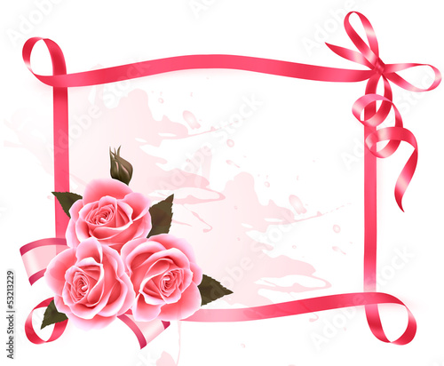 Vector: Holiday background. Colorful flowers with pink bow and ribbon. V Holiday background. Colorful flowers with pink bow and ribbon. V