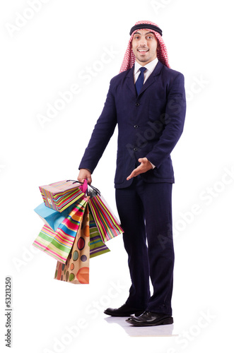 Photo: Arab man with shopping gifts on white Arab man with shopping gifts on white