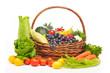 fruits and vegetables in basket isolated on white