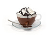 Hot chocolate with cream and syrup in glass cup