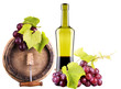 grapes on a barrel with corkscrew and wine glass