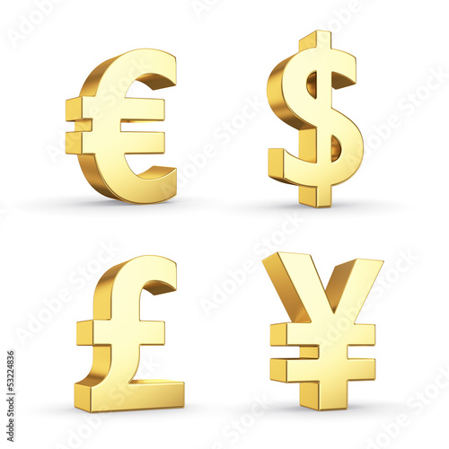 Illustration: Golden currency symbols isolated on white with clipping path Golden currency symbols isolated on white with clipping path