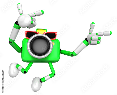 Illustration: 3D Green Camera characte the direction of pointing with both han 3D Green Camera characte the direction of pointing with both han