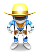 3D blue Robot Sheriff is taking pose a gunfight. Create 3D Human