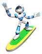 3D Blue robot is riding a surf board to the left. Create 3D Huma