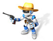 The 3D Blue Robot sheriff holding a revolver gun with both hands